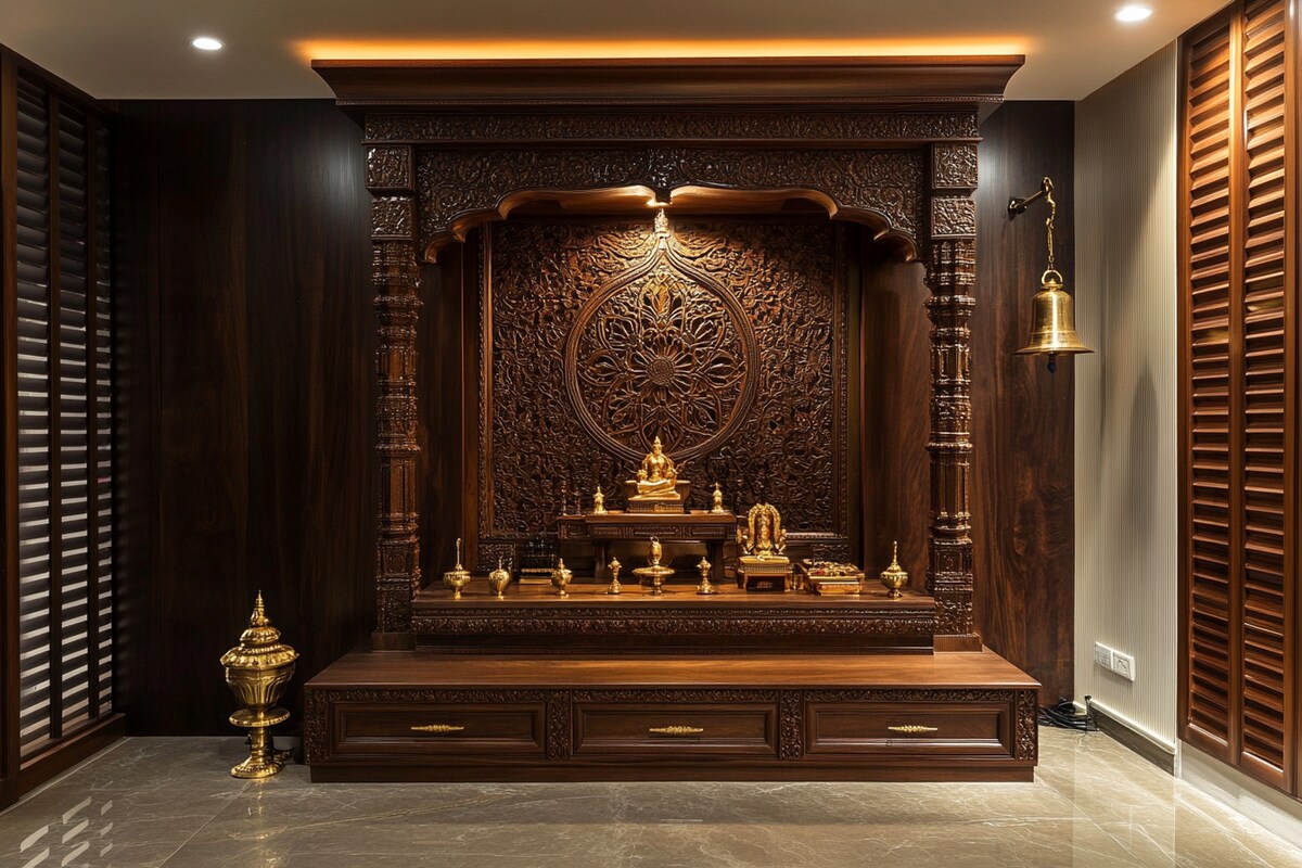 Traditional Walnut Pooja Unit Design with Carved Flower